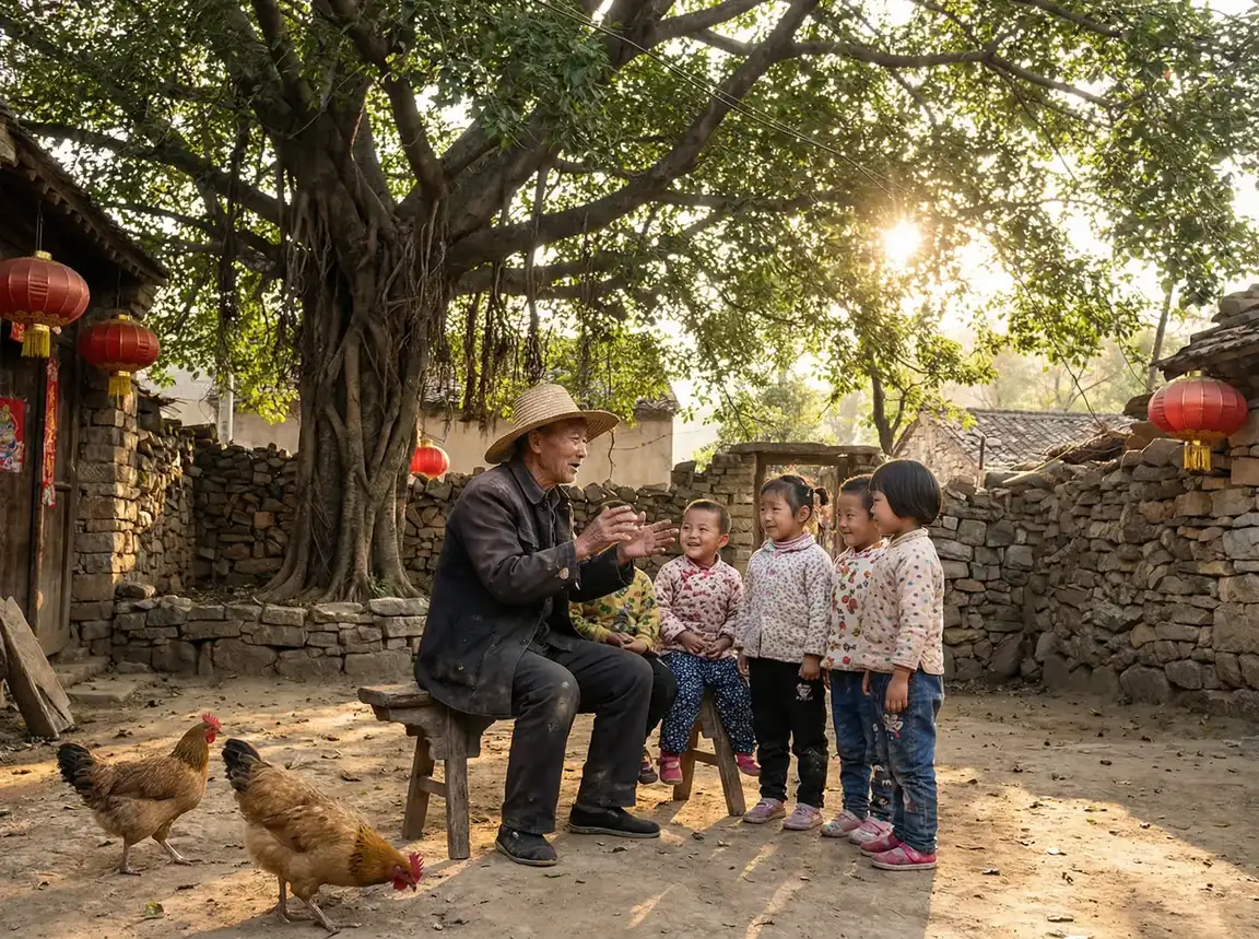 老人在大榕树下给孩子们讲故事 - 发财中国年集卡怎么弄 乡村记忆